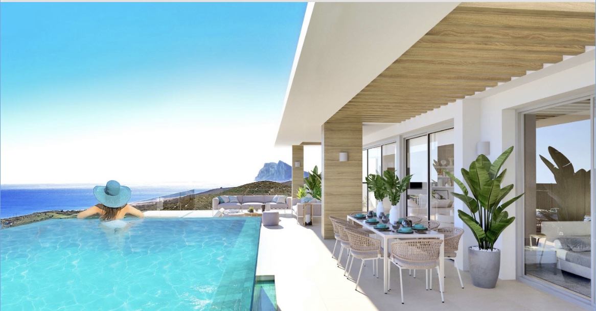 Spektakuläre Aussicht auf das Meer und Gibraltar von dieser neu gebauten Maisonette mit drei Schlafzimmern. Off-Plan-Kauf